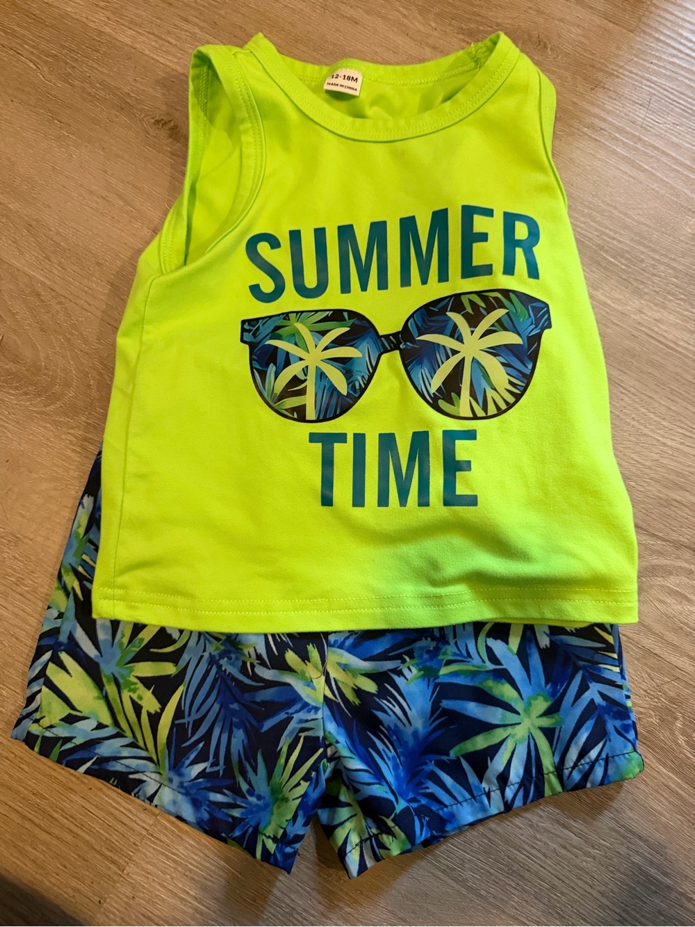 SHEIN Neon Lime 'Summer Time' Tank Top & Palm Shorts Set